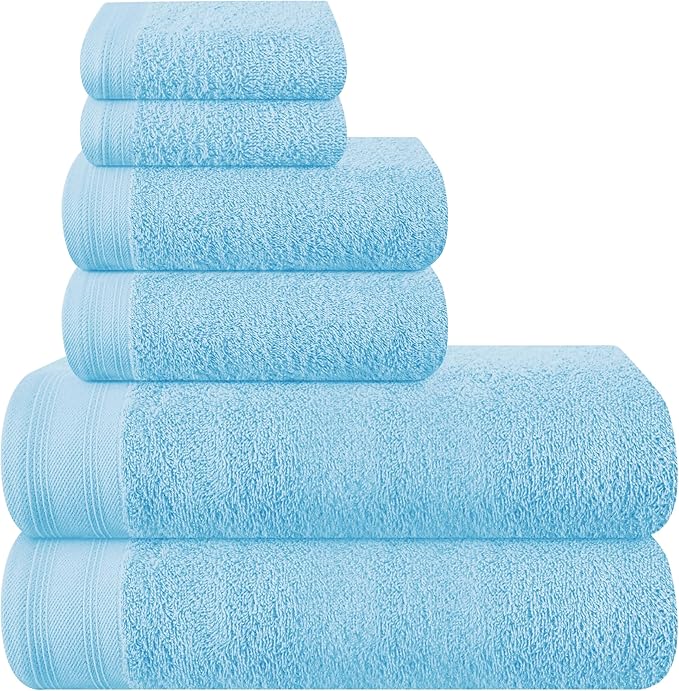 Ultra Soft 6 Pack Cotton Towel Set, Contains 2 Bath Towels 28x55 inch, 2 Hand Towels 16x24 inch & 2 Wash Coths 12x12 inch, Ideal Everyday use, Compact & Lightweight - Sky Blue