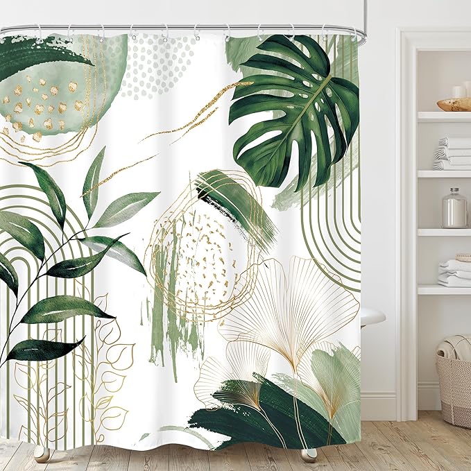 Sage Green Boho Shower Curtain Mid Century Modern Abstract Tropical Palm Leaves Minimalist Gold Olive Geometric Plant 72Wx72H Bathroom Decor Bath Curtain Liner Fabric Polyester 12 Pack Hooks