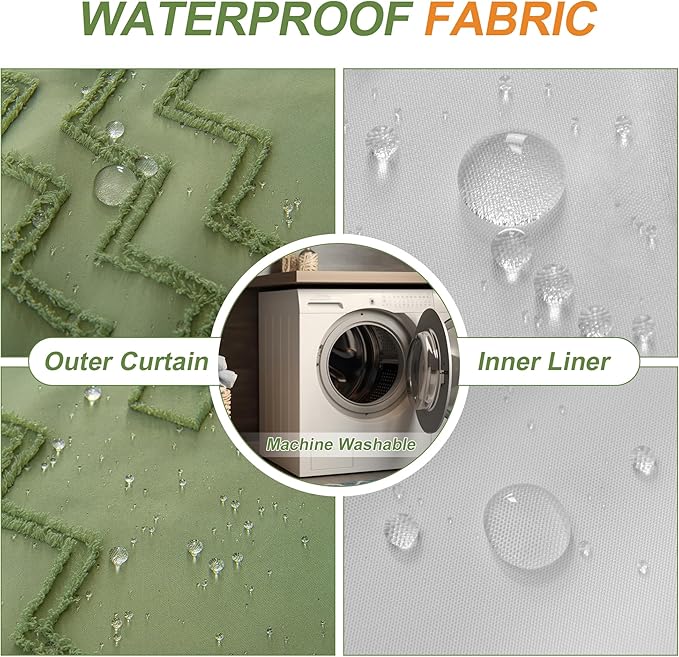 No Hooks Shower Curtain with Snap-in Liner, Sage Green Boho Tufted Chevron Striped Textured Shower Curtains for Bathroom, Water Repellent Luxury Shower Curtain, 72Wx74H