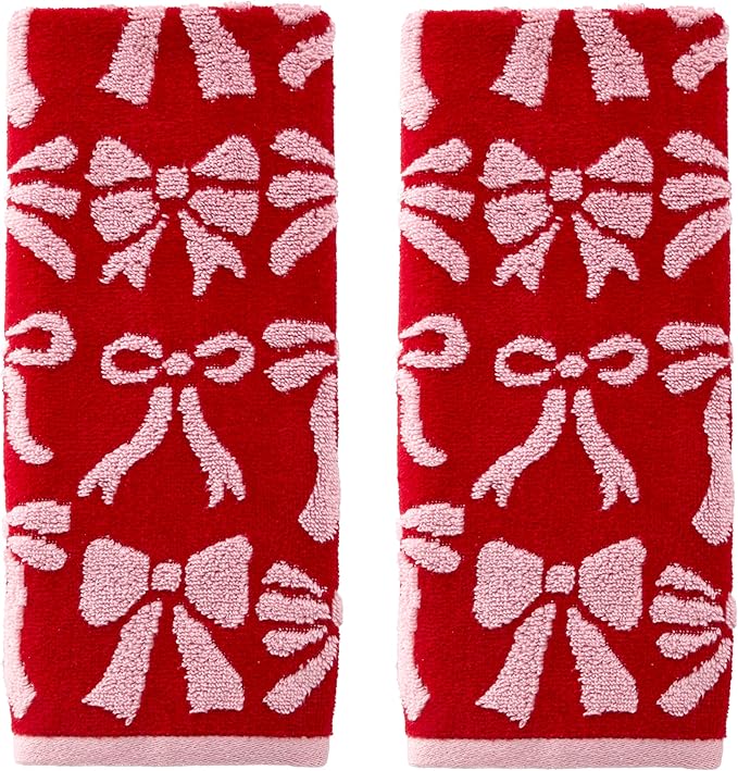 SKL Home Bow Jacquard 100% Cotton Premium 2-Piece Hand Towel Set, 500 GSM, Reversible, Soft & Absorbent, Everyday/Christmas/Winter/Valentine's, Decorative for Bath/Kitchen/Bar, Red/Pink