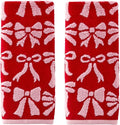 SKL Home Bow Jacquard 100% Cotton Premium 2-Piece Hand Towel Set, 500 GSM, Reversible, Soft & Absorbent, Everyday/Christmas/Winter/Valentine's, Decorative for Bath/Kitchen/Bar, Red/Pink