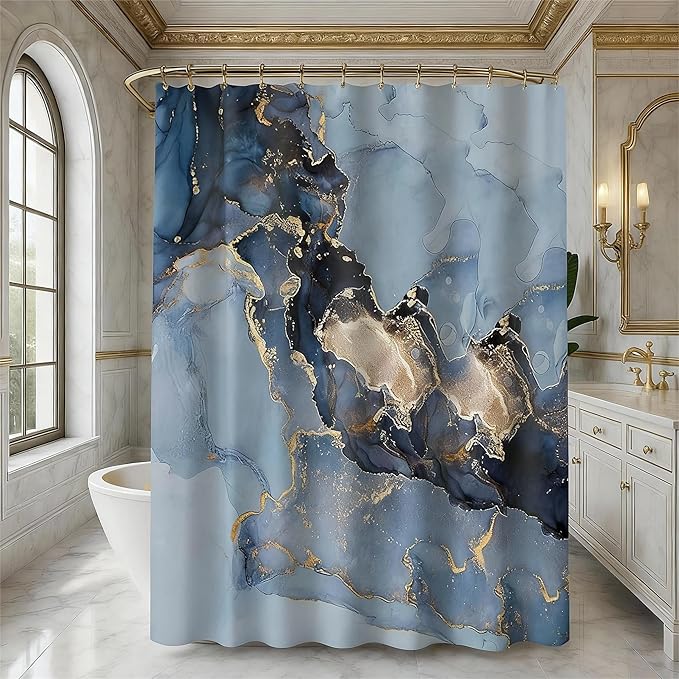 Domoku Blue Marble Shower Curtain 72x72 – Blue and Gold Waterproof Fabric Shower Curtain with Hooks, Abstract Art Bathroom Decor, Machine Washable Curtain for Apartment, Guest Bath