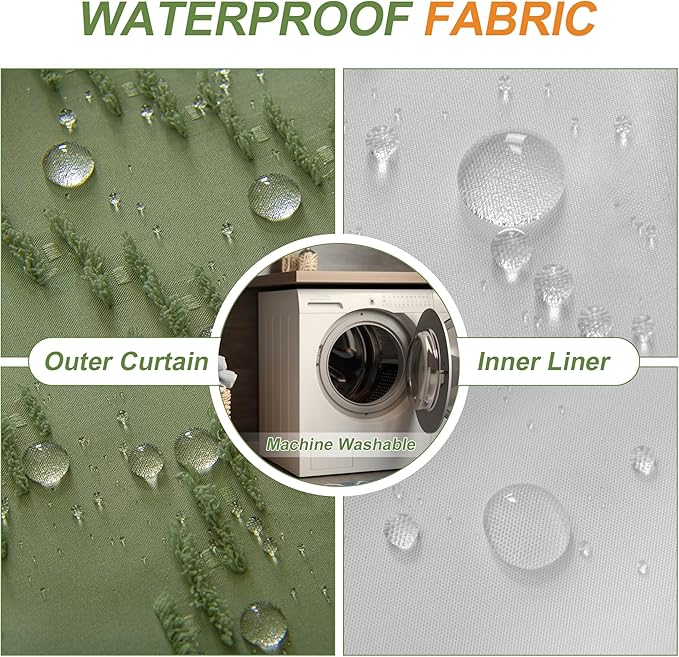 No Hooks Stall Fabric Shower Curtain with Snap in Liner- Water Repellent Tufted Chevron Striped Shower Curtains for Bath Tubs, Narrow Hotel Quality Bath Curtain Set, 36Wx74H, Sage Green
