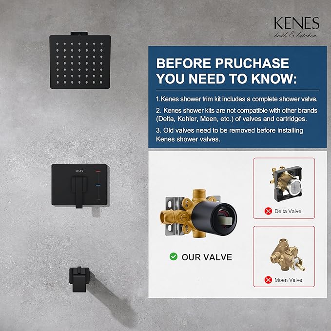 KENES Tub Shower Faucet Set Complete, Matte Black Tub and Shower Trim Kit with 6-Inch Rain Shower Head, Square Shower System, KE-6025A-2 (Shower Valve Included)