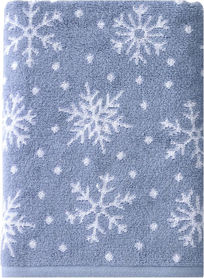 SKL Home Christmas/Winter Scattered Snowflakes 100% Cotton Premium Bath Towel, 500 GSM, Soft & Absorbent, Reversible Jacquard, Decorative, Blue/White
