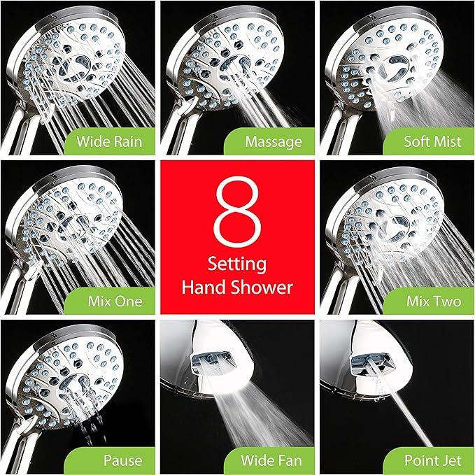 Hotel Spa AquaCare for California As-Seen-On-TV High Pressure Handheld Rain 50-Mode 3-Way Shower Head Combo, Anti-clog Jets, 2-Mode Tub & Pet Power Wash, Wall Bracket, 6 ft. Hose