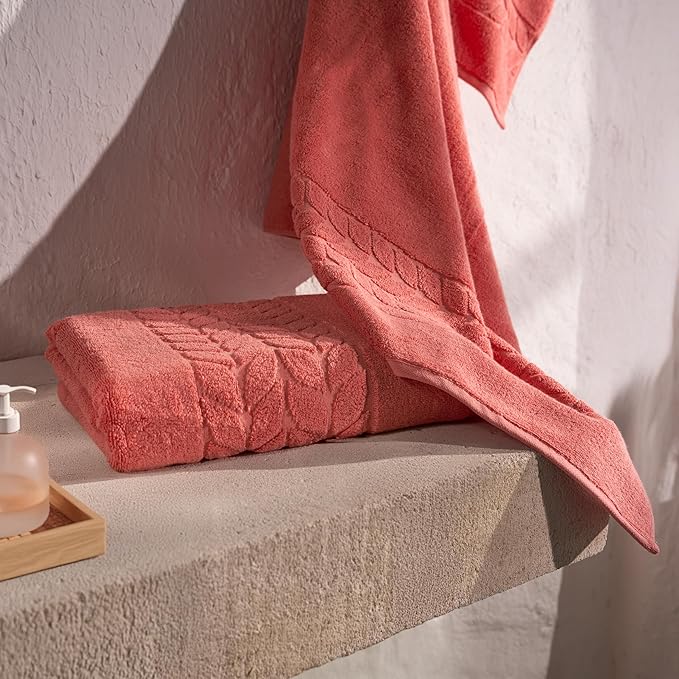 BAGNO MILANO Organic Turkish Cotton Bath Towels, Luxury Jacquard Collection, Certified Organic Highly Absorbent, Soft-Plush Towel Set (Coral Red, Bathsheet)