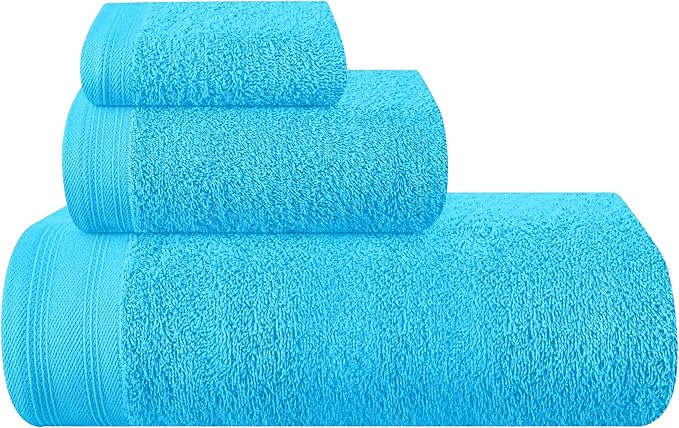 Ultra Soft 3 Pack Cotton Towel Set, Contains a Bath Towels 28x55 inch, a Hand Towels 16x24 inch & a Wash Coths 12x12 inch, Ideal Everyday use, Compact & Lightweight - Turquoise Blue