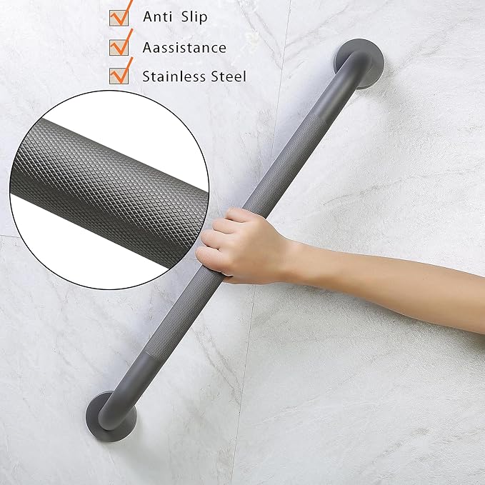 Shower Grab Bar, 2 Pack 12 Inch Gray Bathroom Grab Bar, 1.25" Diameter 304 Stainless Steel Anti-Slip Grab Bars for Bathtubs and Showers, Handicap Shower Grab Bar for Seniors Elderly