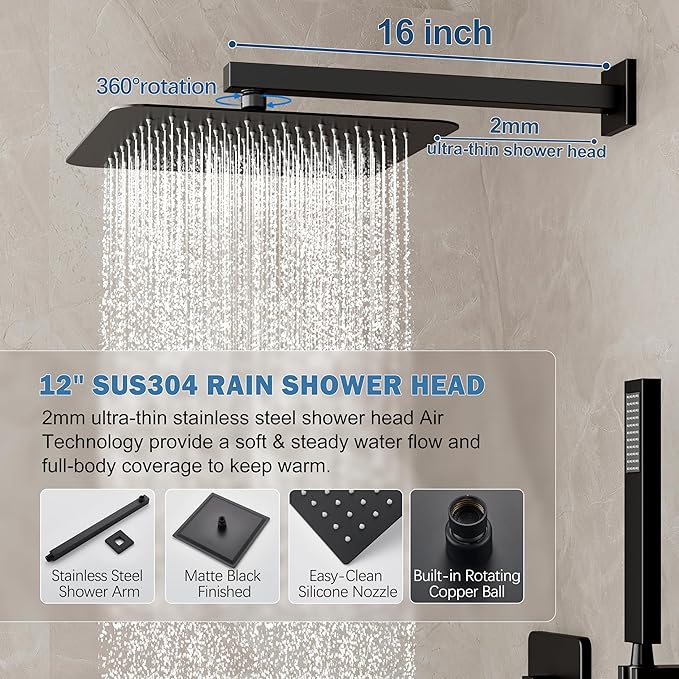 Shower System, Black Shower Faucet Set with 12-Inch Rain Showerhead and Handheld Spray, Wall Mounted High-Pressure Showerhead Combo Set Included Valve and Trim, Matte Black