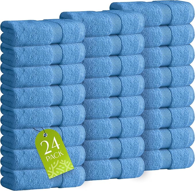 White Classic Wealuxe Light Blue Washcloths 24 Pack - 600 GSM 100% Ring-Spun Cotton Wash Cloths for Showering, Highly Absorbent and Soft | 12x12 Inches