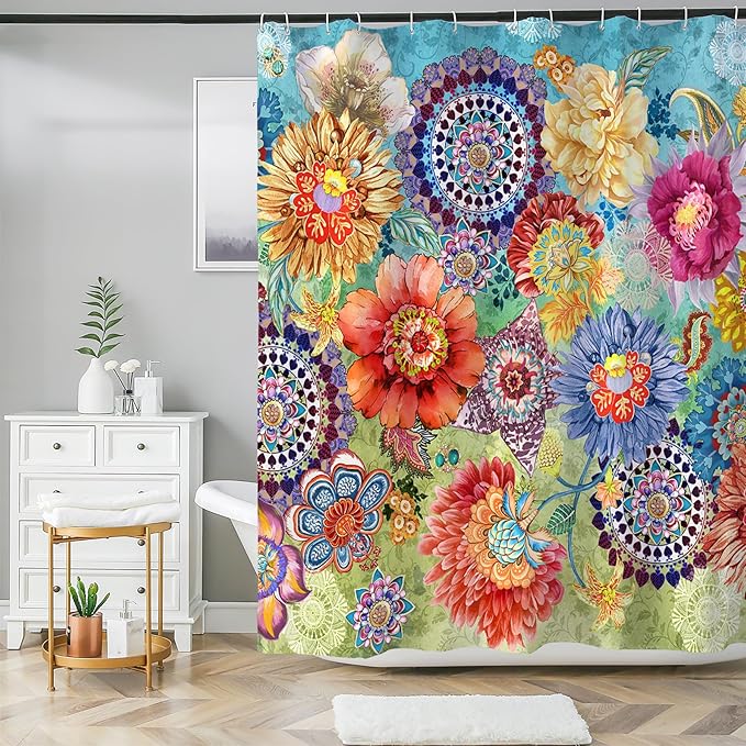 Bohemian Shower Curtain, Boho Floral Print Water Repellent Polyester Fabric for Bathroom Decor, 72×72 Inch Standard Size with 12 Hooks, Also as Room Divider