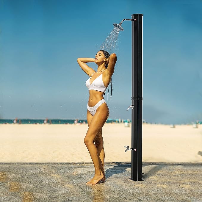 Outdoor Pool Shower Solar Heated, 9.3 Gallon Garden Pool Shower w/ 360° Swivel Shower Head and Foot Shower Tap, for Outdoor Backyard Poolside Beach Pool Spa