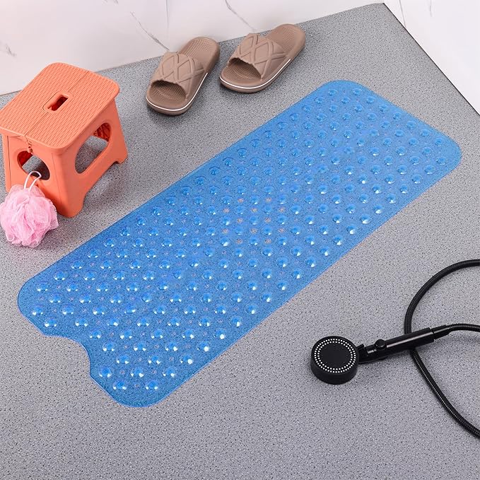 Anti-Slip Bathtub Shower mat, 39.3×15.7 inch（Approximately 100 × 40cm） Soft Oversized Machine Washable Non-Slip Bathtub mat with Drainage Holes, Bathroom Floor Suction Cup.（1-Clear Blue）