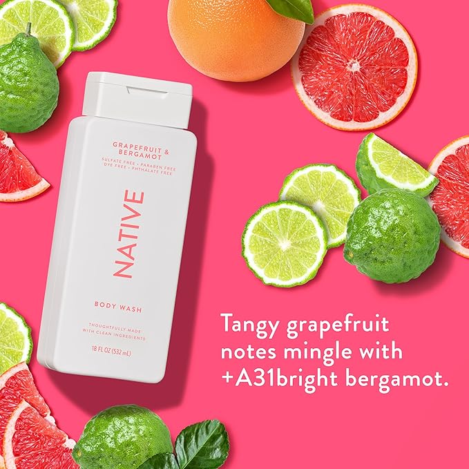 Native Body Wash Contains Naturally Derived Ingredients | For Women & Men, Sulfate, Paraben, & Dye Free Leaving Skin Soft and Hydrating | Grapefruit & Bergamot 18 oz