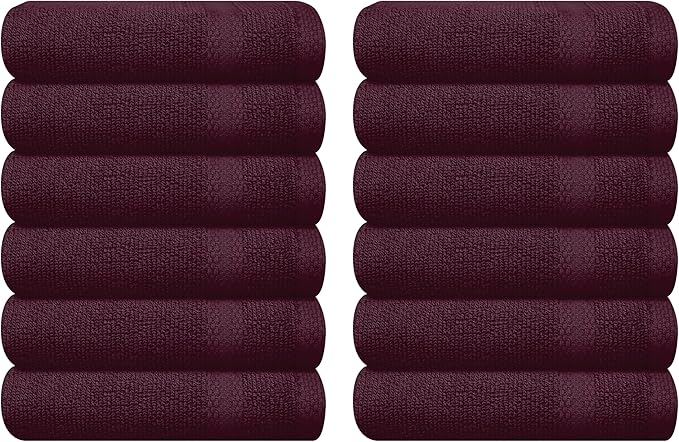 GLAMBURG Ultra Soft 12-Piece Washcloths Set 13x13-100% Ringspun Cotton - Durable & Highly Absorbent Face Towels - Ideal for use in Bathroom, Kitchen, Gym, Spa & General Cleaning - Burgundy