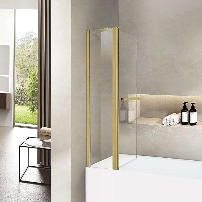 Bathroom Pivot Tub Glass Door 36" W*55" H, Folding Bathtub Shower Door Screen with Tempered Glass, Frameless Glass Shower Door with Handle and Support Rod in Brushed Gold