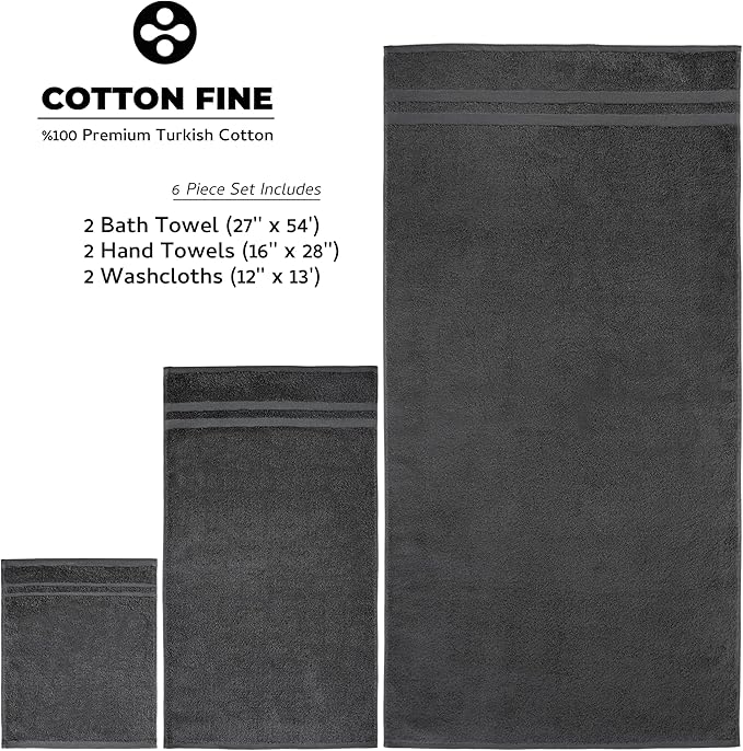 Premium 6 Piece Towel Set, 2 Bath Towel, 2 Hand Towels, 2 Washcloths, 100% Turkish Cotton Soft Absorbent Towels (Dark Grey, 6 Piece Towel Set)