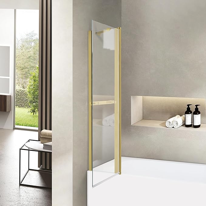 Bathroom Pivot Tub Glass Door 36" W*55" H, Folding Bathtub Shower Door Screen with Tempered Glass, Frameless Glass Shower Door with Handle and Support Rod in Brushed Gold