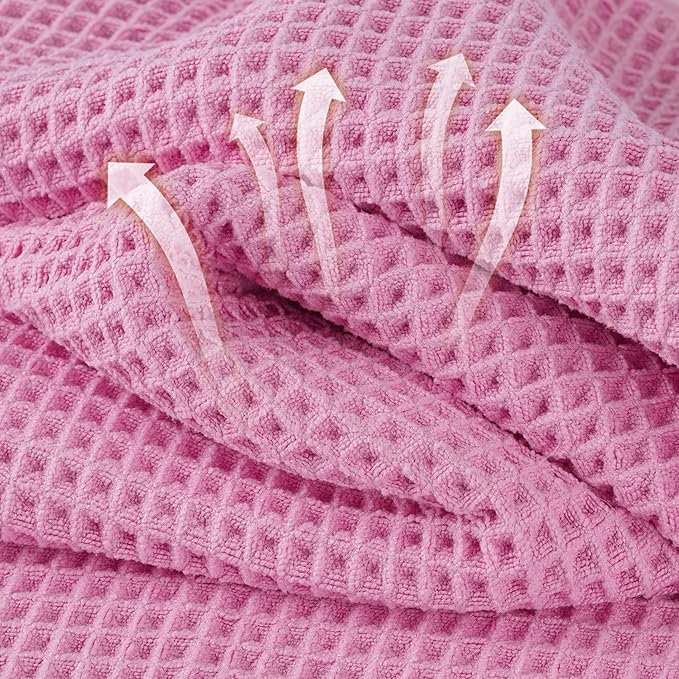 Microfiber Waffle Hand Towels, 4 Pieces, Soft, Absorbent, Fast Drying, Lint Free (Pink)