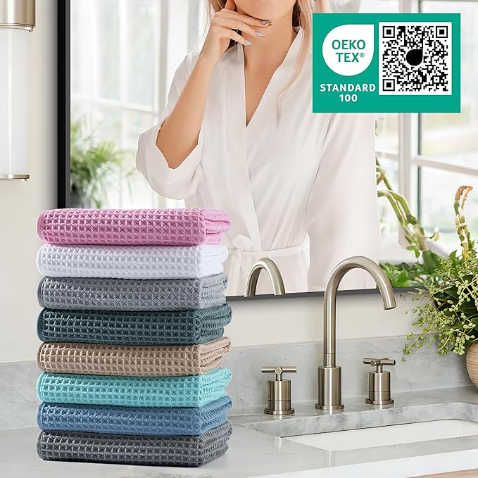 Microfiber Waffle Hand Towels, 4 Pieces, Soft, Absorbent, Fast Drying, Lint Free (Silver)
