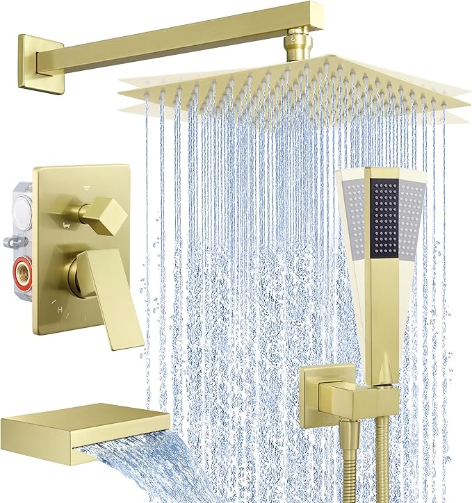 KES Bath Shower Faucet Set Tub and Shower Faucet Set Rain Shower Head with Handheld Shower System Pressure Balance Brushed Gold, XB6305F18-BZ