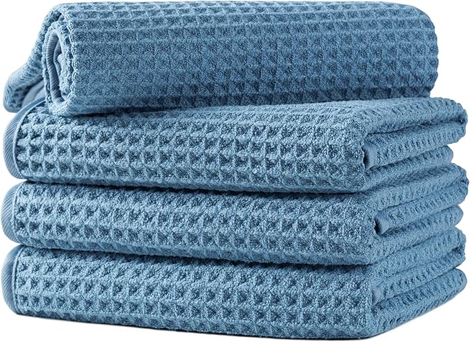 Microfiber Waffle Hand Towels, 4 Pieces, Soft, Absorbent, Fast Drying, Lint Free (Blue)