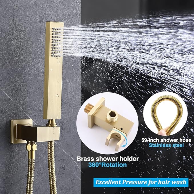 Enga Body Jets Shower System with On-Off Switch, 16 Inch Ceiling Rain Shower Head with Jets Shower Faucet Fixture Complete Set Brushed Gold