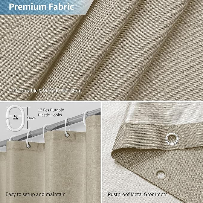 2-in-1 Waterproof Fabric Shower Curtain or Liner,Linen Textured,Breathable TPU & Washable Bathroom Shower Curtain Set with 12 Plastic Hooks,Modern,72"x72" Khaki