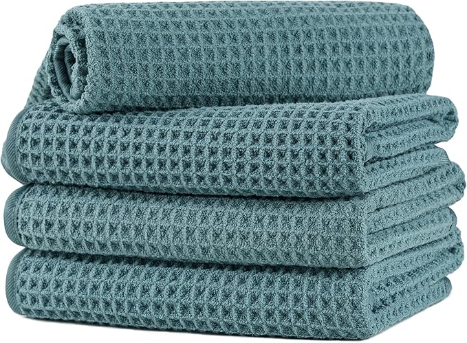 Microfiber Waffle Hand Towels, 4 Pieces, Soft, Absorbent, Fast Drying, Lint Free (Green)