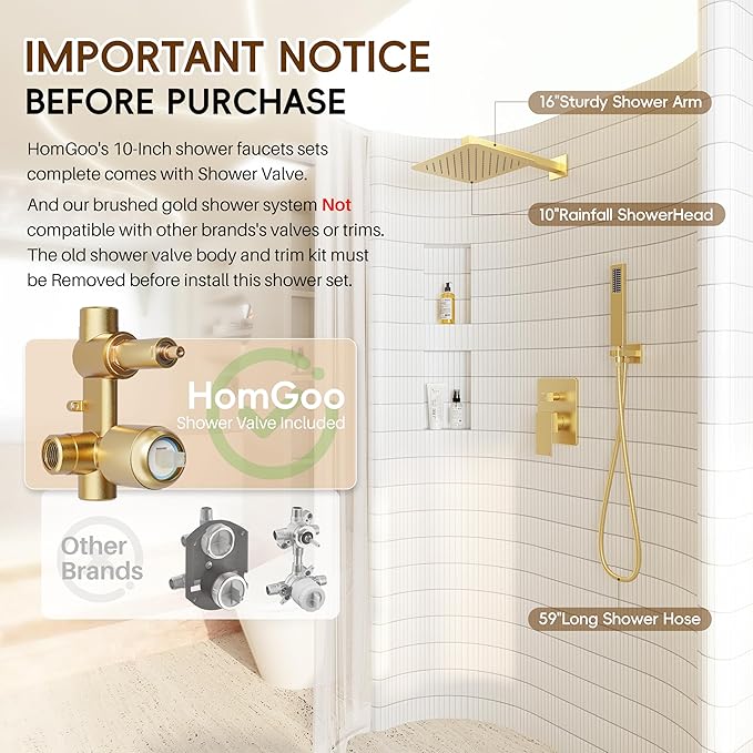 Gold Shower System, Shower Faucet Set with 10" Rain Showerhead and Handheld Combo Spray, Bathroom Wall Mounted High Pressure Shower Combo Set Included Valve and Trim, Brushed Gold
