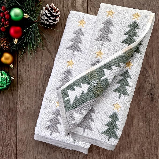 SKL Home Christmas/Winter Multi Trees 100% Cotton Premium 2-Piece Hand Towel Set, 500 GSM, Reversible Jacquard, Soft & Absorbent, Decorative for Bath/Kitchen/Bar, Multi