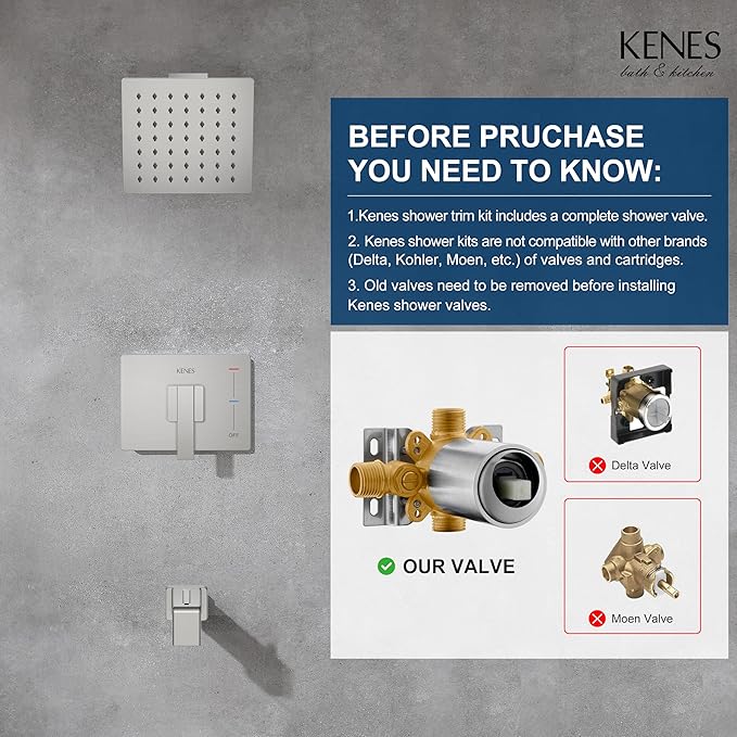 KENES Tub Shower Faucet Set Complete, Brushed Nickel Tub and Shower Trim Kit with 6-Inch Rain Shower Head, Square Shower System, KE-6025A (Shower Valve Included)