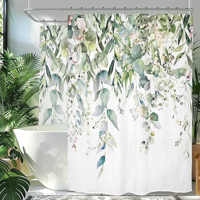 Riyidecor Clawfoot Tub Extra Wide Shower Curtain for Bathroom Decor 180Wx70H Green Eucalyptus Leaves Plants Wrap All Around Circular Round Art Printed Fabric Polyester Waterproof 32 Pack Metal