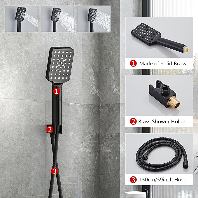 Shower Faucet Set Complete Matte Black Shower System with 8 inch Square Rainfall Shower Head 3-Function Handheld Shower Waterfall Bathtub Spout Rain Shower Combo Set Bathroom Wall Mounted