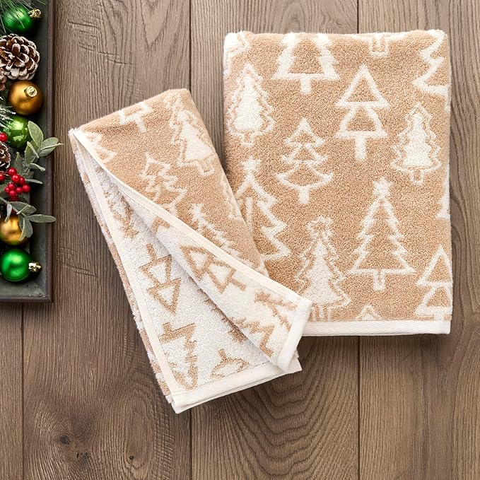 SKL Home Christmas/Winter Mod Tree 100% Cotton Premium 2-Piece Hand Towel Set, 450 GSM, Reversible Jacquard, Soft & Absorbent, Decorative for Bath/Kitchen/Bar, Tan
