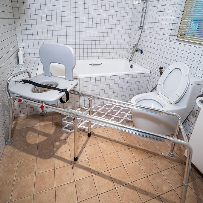 Eagle Health Supplies Toilet-to-Tub Transfer Bench with Cut Out Seat, FSA/HSA Eligible Sliding Shower Chair for Elderly and Disabled, Height Adjustable Shower Seats for Adults Inside Shower, 77993