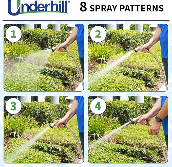 Underhill Pattern Master Gold Series Garden Water Hose Nozzle Sprayer Head, 3/4-Inch Thread Inlet, Jet Attachment 8 Spray Patterns, NG200-8S