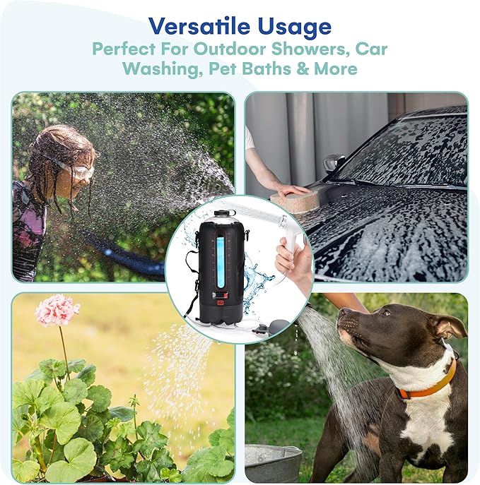 HappyPo Camping Shower - Portable Camping Solar Shower Pump- Shower Bag with Pressure Foot Pump with Temperature Indicator - Camp Water Equipment for Road Travel