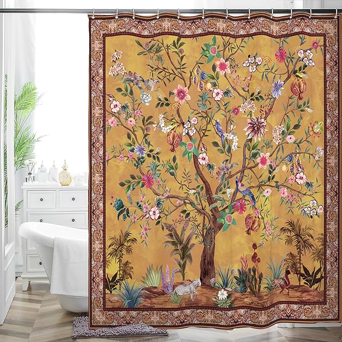 Bohemian Shower Curtain, Boho Floral Print Water Repellent Polyester Fabric for Bathroom Decor, 72×72 Inch Standard Size with 12 Hooks, Also as Room Divider