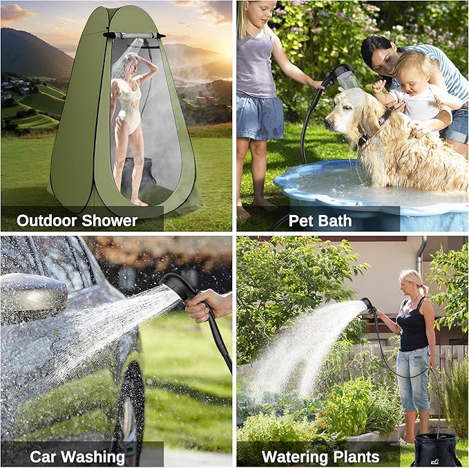 Portable Camping Shower, Pop Up Privacy Tent Kit with LED Light and Foldable Toilet, 6000mAh LCD Screen Shower Pump, Filtered Shower Heads & 5.3 Gallons Bucket, Outdoor Shower for Hiking, Travel, Car