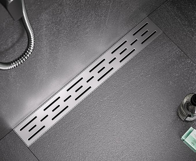 HEATGENE 12-Inch Linear Shower Drain in Brushed - Stainless Steel Rectangular Shower Floor Drain - Removable Decorative Cover - Adjustable Leveling Feet - CUPC Certified