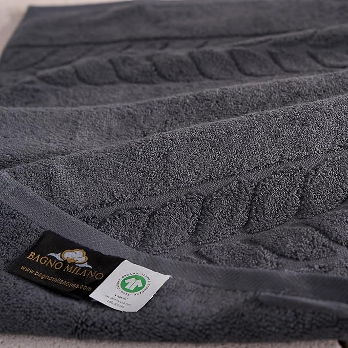 BAGNO MILANO Organic Turkish Cotton Bath Towels, Luxury Jacquard Collection, Certified Organic Highly Absorbent, Soft-Plush Towel Set (Charcoal, 2 Pcs Bath Towel Set)
