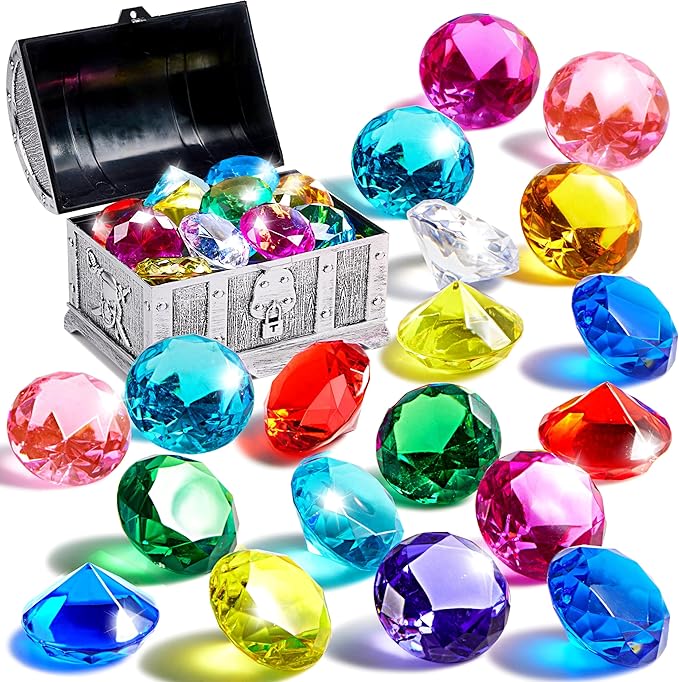 Sloosh Diving Gems Pool Toys,16 Big Colorful Diamond with Pirate Treasure Chest,Swim Dive Toy for Kids Underwater Gemstone Swimming Training Gift Water Toys Pool Games(Silver)