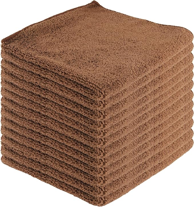 Microfiber Cleaning Cloths,12 Pack, 16"x16", All-Purpose, Softer, Highly Absorbent, Lint-Free, Reusable, Washable Pro Towels, Brown, for House, Kitchen, Bathroom, Car, Office