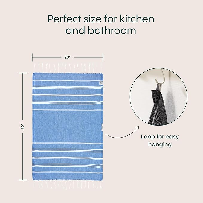 WETCAT Turkish Hand Towels with Hanging Loop, Set of 2 (20" x 30") 100% Turkish Cotton, Pre-Washed, Quick Drying, for Kitchen or Bathroom - Blue