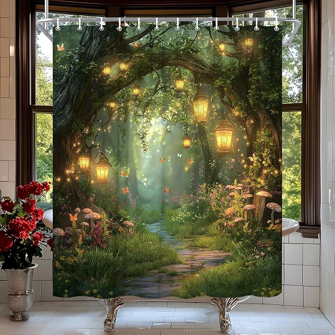 Fantasy Forest Path Shower Curtain Fairy Magical Enchanted Misty Jungle Mushroom Floral Tree Butterfly Lantern Wonderland Plant Bath Curtain Fabric Bathroom Accessories Decor with Hooks 55W x70L