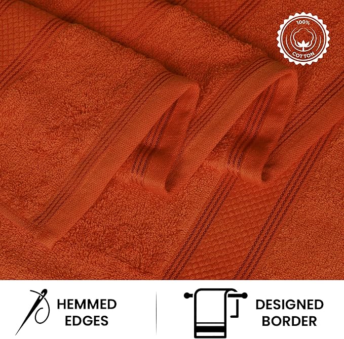 Casa Lino Bath Towel Set of 8 (2 Bath Towels, 4 Wash Cloths & 2 Hand Towels for Bathroom) - 100% Cotton - Highly Absorbent & Quick Dry - Guest Room Essentials for Bathroom Set - (Coral Orange)