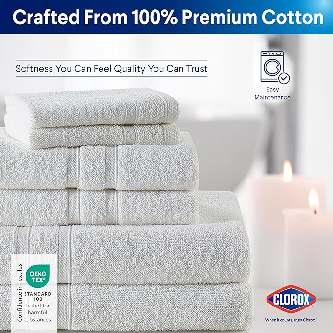 CLOROX Bleach Friendly Towels, Quick Dry, 100% Cotton Bath Towels (30" x 52"), Highly Absorbent Soft Lightweight, Ideal for Everyday Use, Easy to Wash(2 Pack, White)