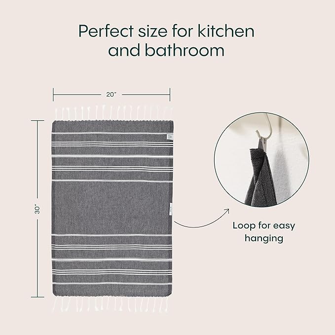 WETCAT Turkish Hand Towels with Hanging Loop, Set of 2 (20" x 30") 100% Turkish Cotton, Pre-Washed, Quick Drying, for Kitchen or Bathroom - Black